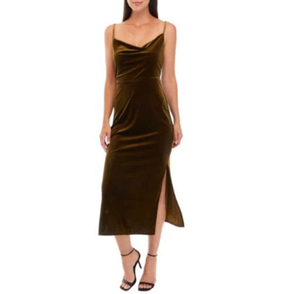 Taylor Velvet Cowl Neck Midi Slip‎ Dress 2 Olive Green Forest Fairy Grunge 90s